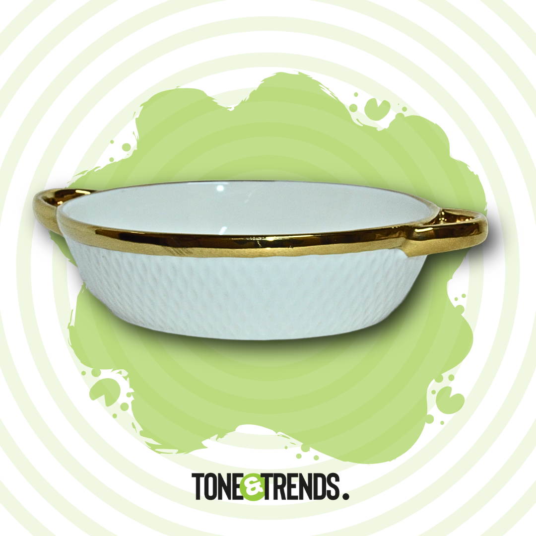 Stylish Geometric White Ceramic Serving Bowl with Elegant Gold-Plated Handles