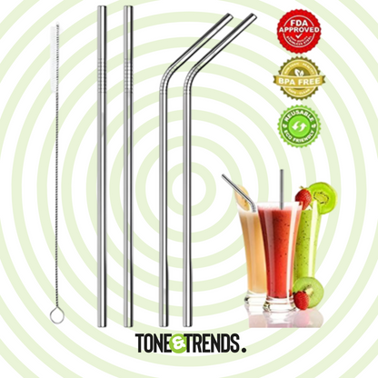 Set of 4 Reusable Stainless Steel Straws with Cleaning Brush